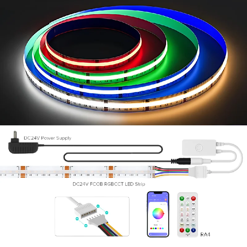 SLD19 Dotless Linear LED RGB+CCT 3000K-6000K COB 2.07W/ft Strip Lights IP30 Low Voltage DC24V Tape Light with Power Adapter Kit Available