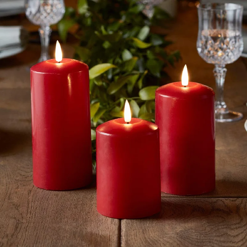 Set of 2 LED Red Wax Pillar Candles - 3 Size Options