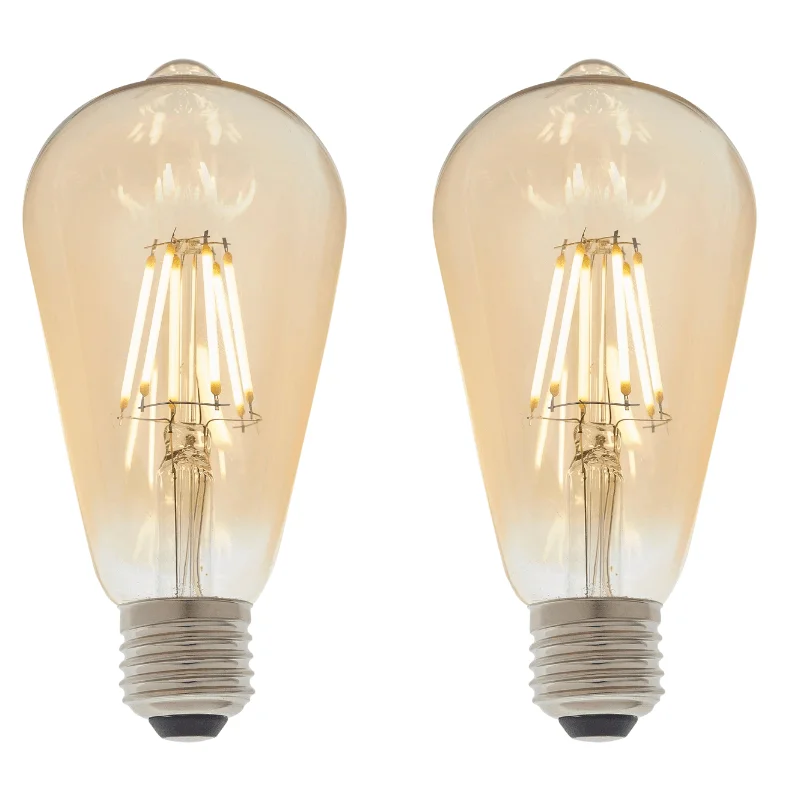 2 X E27 LED Filament Amber Pear Shaped Dimmable 6w Light Bulb