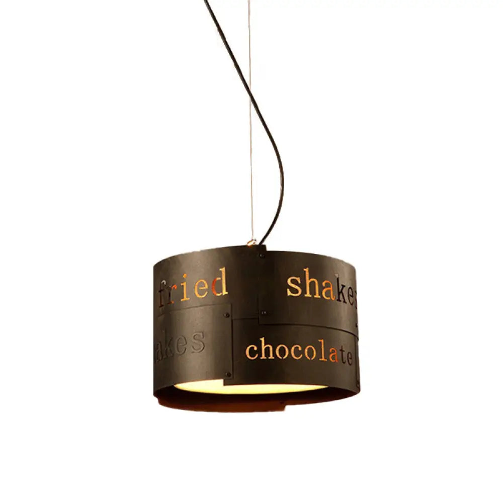 Chandeliers with Metal Frames in Gold FinishChandeliers with Metal Frames in Gold FinishAntiqued Black Iron Drum Chandelier with 3 Heads - Ceiling Hang Fixture with Lettering Design