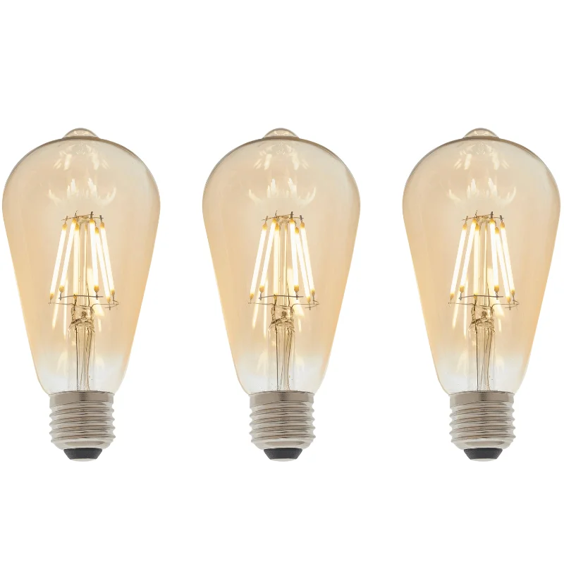 3 X E27 LED Filament Amber Pear Shaped Dimmable 6w Light Bulb