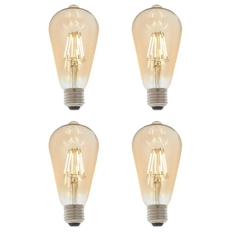 4 X E27 LED Filament Amber Pear Shaped Dimmable 6w Light Bulb