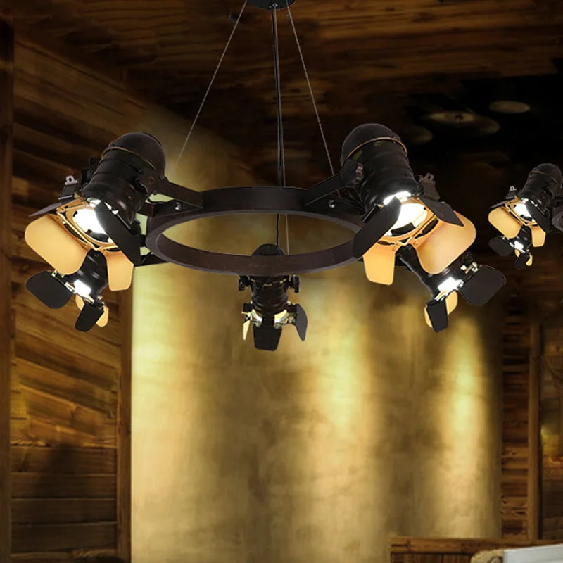 Chandeliers with Metal Frames in Gold FinishChandeliers with Metal Frames in Gold FinishArt Deco Camera Pendant Chandelier - 5 Lights, Metallic Hanging Ceiling Lamp in Black with Ring Design