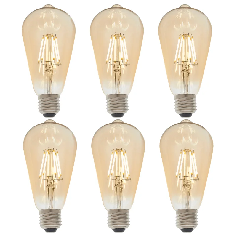 6 X E27 LED Filament Amber Pear Shaped Dimmable 6w Light Bulb