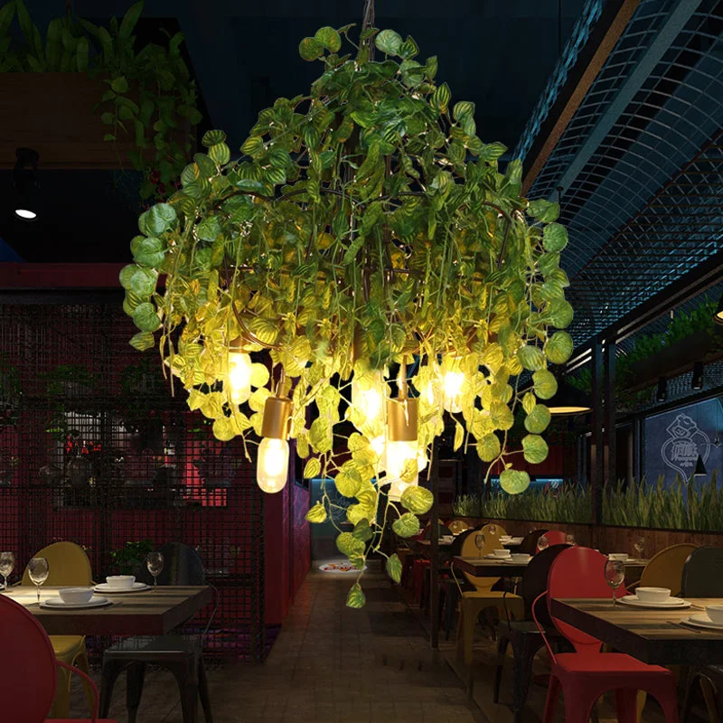 Incandescent Chandeliers for a Warm and Traditional GlowIncandescent Chandeliers for a Warm and Traditional GlowGreen Loft Iron 6-Head Exposed Bulb Chandelier with Plant Decor for Restaurant Ceiling Pendant