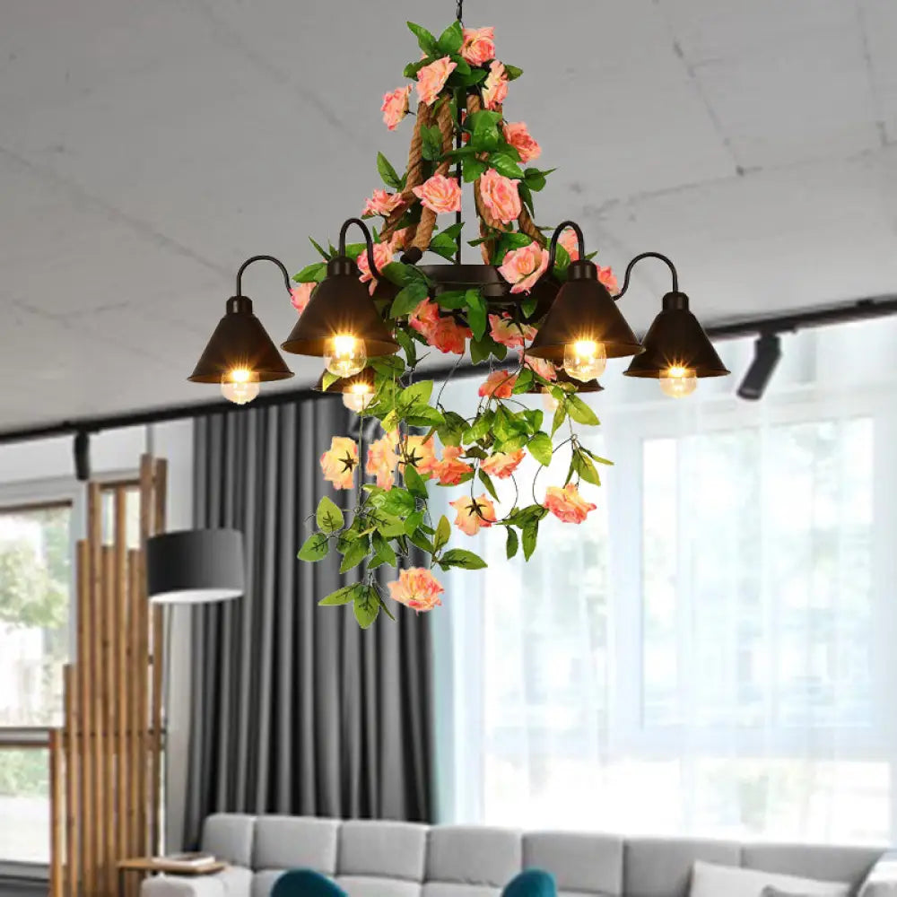 Chandeliers with Dimmable Lights for Ambiance ControlChandeliers with Dimmable Lights for Ambiance ControlIndustrial Metal Cone Chandelier - 6/8 Lights - Black with Flower Decoration - LED Ceiling Pendant for Restaurants