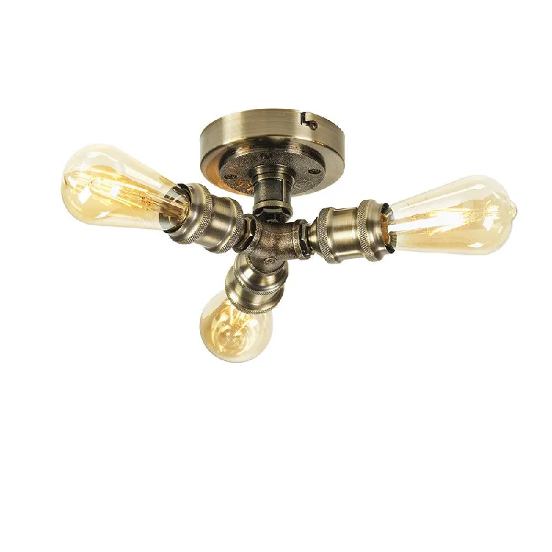 Oaks Iron 3 Light Antique Brass Flush Ceiling Light