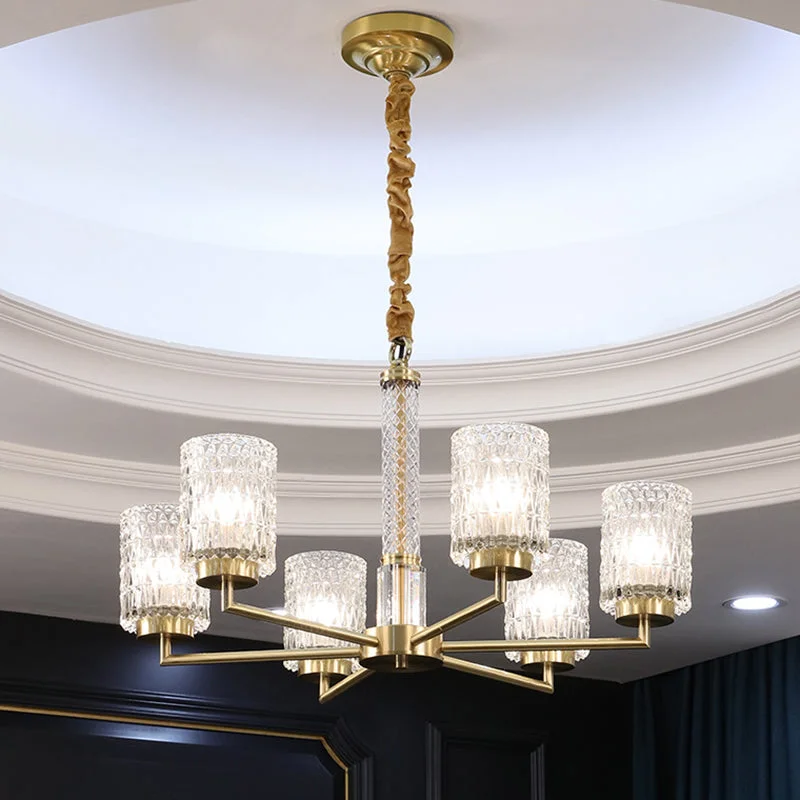 Chandeliers with Colored Glass for a Splash of ColorChandeliers with Colored Glass for a Splash of ColorModern Cylindrical Pendant Chandelier with Beveled Crystal in Gold – Ideal for Living Rooms