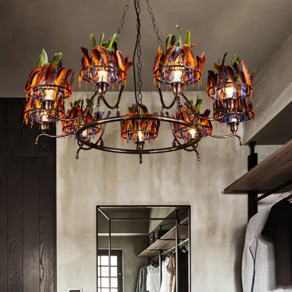 Chandeliers with Adjustable Arms for Directional LightingChandeliers with Adjustable Arms for Directional LightingIndustrial Iron Rusty Chandelier Light Fixture - 9 Lights, Round Hanging Ceiling Lamp with Colorful Feather Deco
