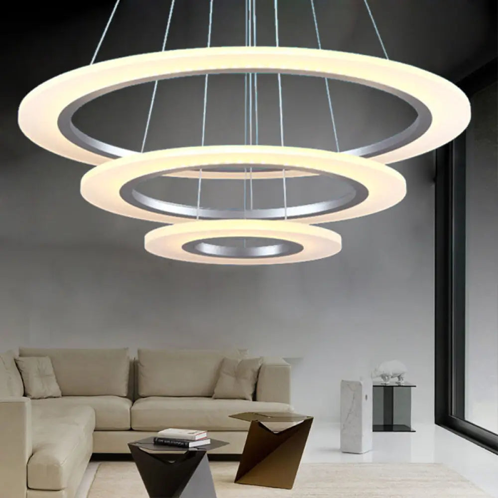 Chandeliers with Metal Frames in Silver FinishChandeliers with Metal Frames in Silver FinishContemporary 3-Layer Round LED Chandelier - Silver Acrylic Ceiling Pendant for Living Room