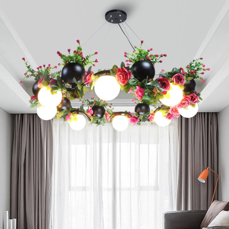 Chandeliers with Metal Frames in Silver FinishChandeliers with Metal Frames in Silver FinishIndustrial Metal Sphere Ceiling Lamp with Flower Decoration - 8 Bulbs, Black. Perfect for Living Room