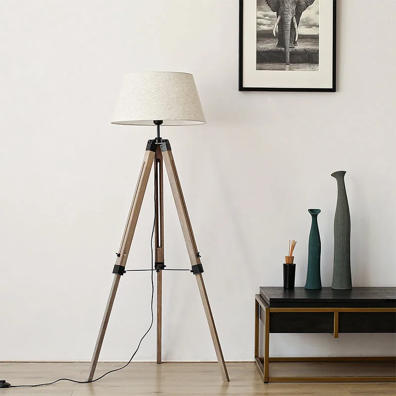 Wood Tripod Floorlamp with Beige Shade