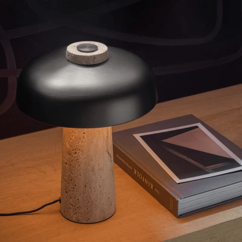 Curved Aluminium and Travertine Table Lamp | Reverse