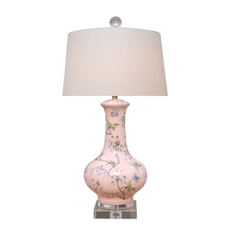 Pink Porcelain Cherry Blossom Vase Lamp With Crystal Base