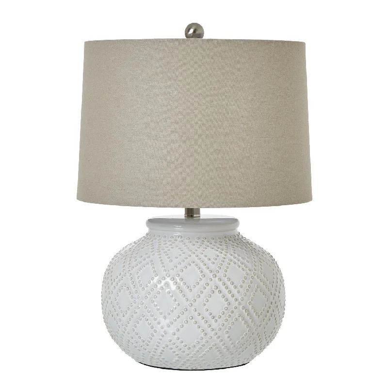 Squat White Beaded Ceramic Lamp With Linen Shade 56cm