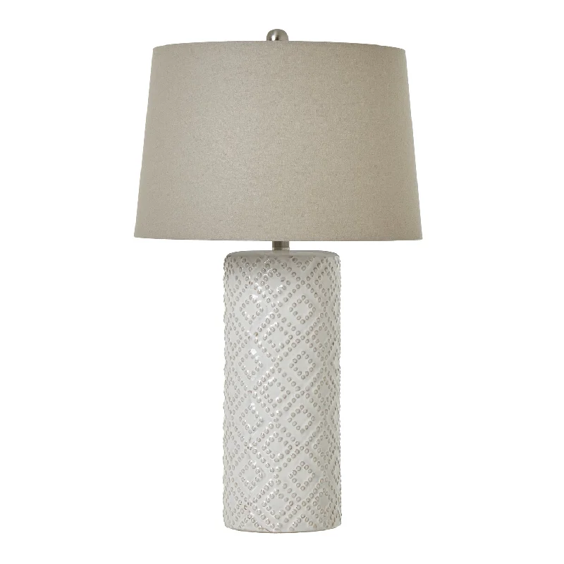 White Beaded Ceramic Lamp With Linen Shade 71cm