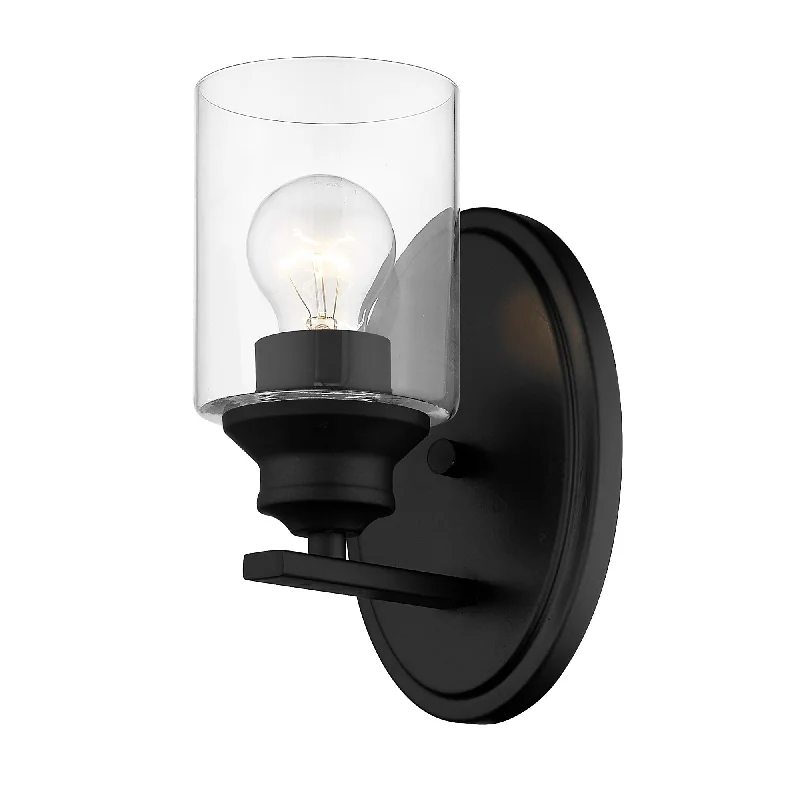 One Light Matte Black Wall Light with Clear Glass Shade By Homeroots