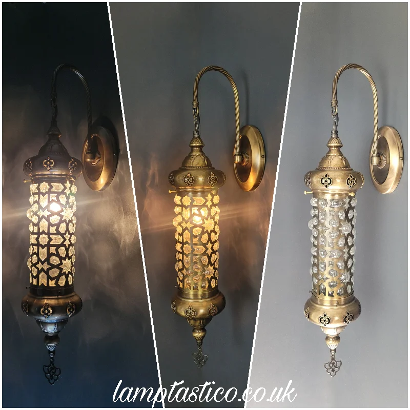 fabric wall lamps with a linen shade for a relaxed and breathable atmosphereTurkish Moroccan Laser Cut Brass Cylinder Wall Light