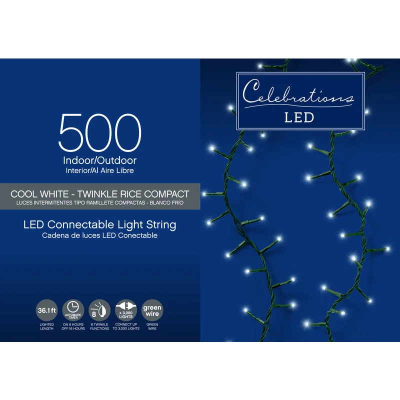 Celebrations LED Rice Compact Cool White 500 ct String Christmas Lights 36.1 ft.